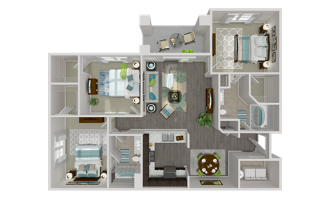 A 3D floor plan of a house with a kitchen, living room, and bathroom.